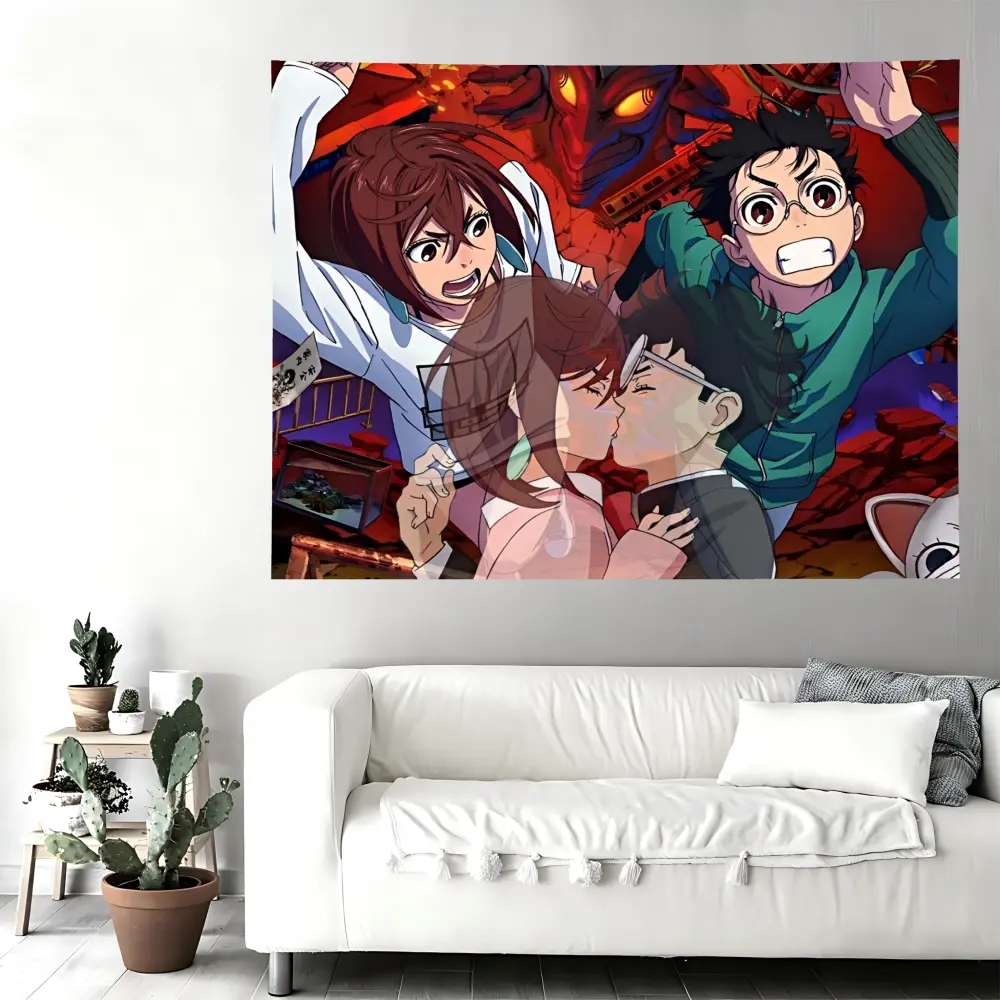 Dandadan Momo & Okarun Romantic Action Scene Polyester Wall Tapestry, Decorative Print Wall Hanging, Machine-Washable Home Decoration for Bedroom, Living Room (As Show)