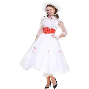 Women‘s Mary Poppins Costume Dress White Princess Cosplay Outfit