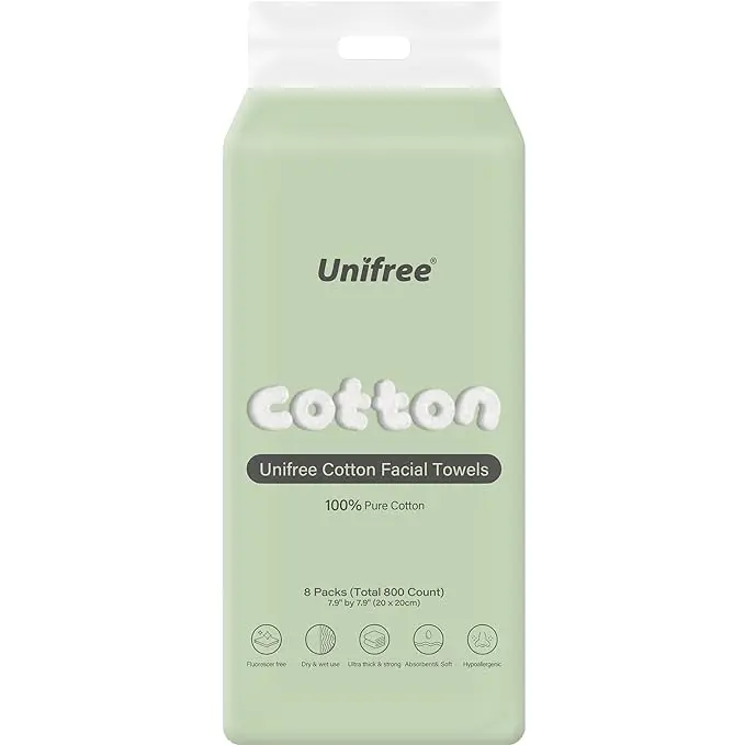 Unifree Clean Towels, 100% Biodegradable Face Towels Disposable Towelette, Makeup Remover Dry Wipes, Ultra Soft Ultra Thick 800 Ct, 8 Packs Value Pack exfoliating facial hotel  towels single-use cotton washcloth