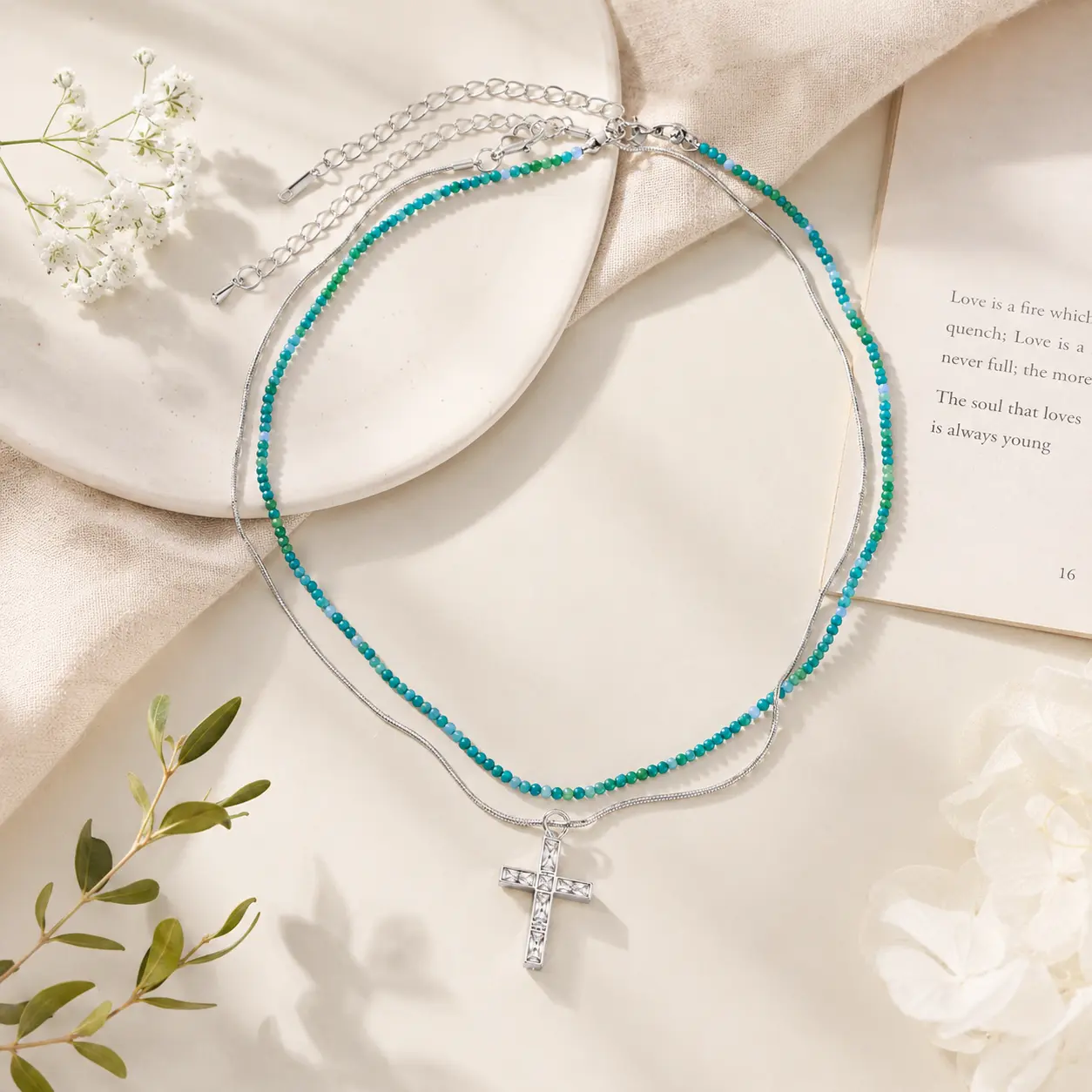 Women's Silver-Plated Double Layer Turquoise Beaded Cross Pendant Necklace, Western Boho Stackable Costume Jewelry, Meaningful Gifts, Beaded Necklaces, Double Chain, Female, Gradient, Metal Coating, Nickel-Free
