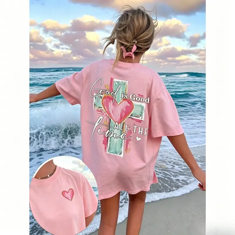 Women's Short-Sleeve Faith-Based Fashion T-Shirt Tops - Fitted Round Neck, God Is Always Good Cross Letters Print, Summer Apparel for Thanksgiving, Easter Gifts, Shortsleeve, Women's Clothes, Athletic, Vintage Retro, Graphic, Cute