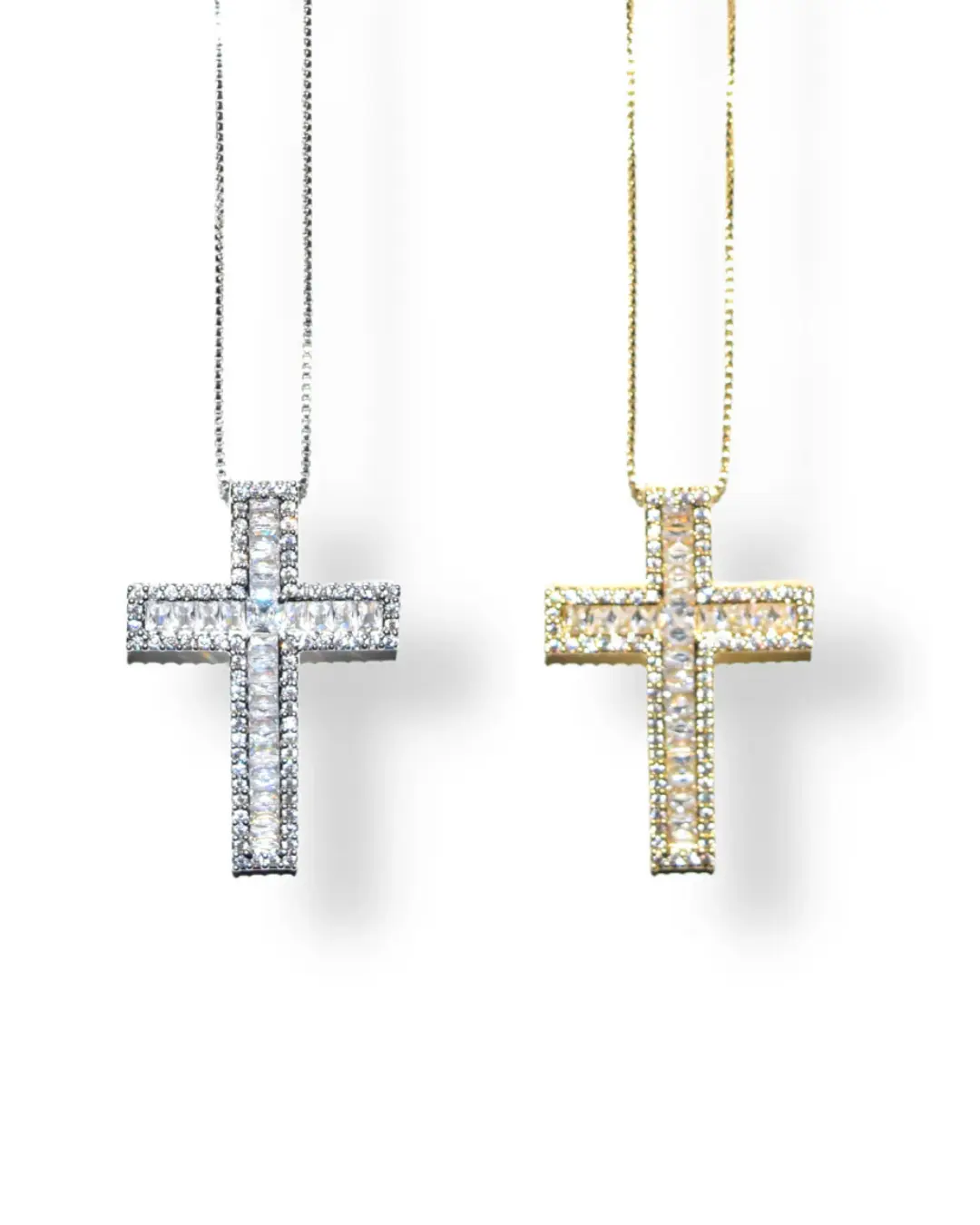 Divine Cross Baguette Pendant with Pave Stones 18k Gold/Platinum Plated Copper Alloy Water Resistant Adjustable Chain Necklace
