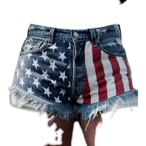 Women's Cute Vintage Denim Shorts - American Flag Stars-and-Stripes Print, Distressed Finish, Suitable for Beach, Streetwear Pairing with Halter Tops