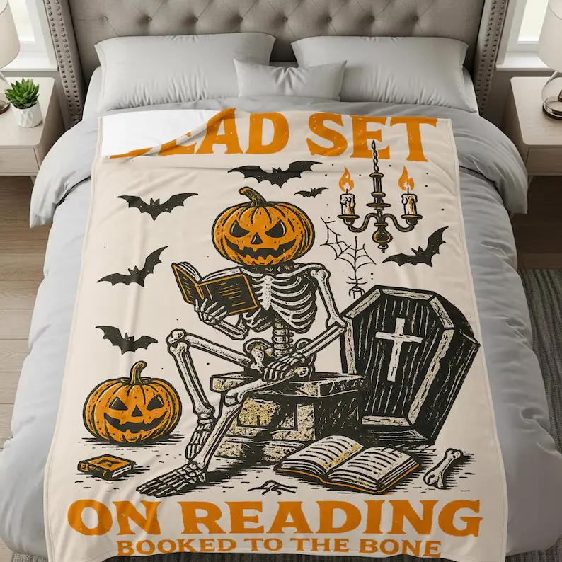 Book Ghost Reading Blanket, Halloween Blanket, Bookish Blanket, Dark Academia Decor, Book Lover Gift, Fall Throw Blanket Couch, Spooky