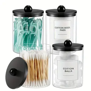 4pcs Bathroom Cotton Swab Dispenser Set, 10oz Transparent Bottle Holder for Cotton Pads & Balls, Makeup Organizer Container Storage Bottles Multipurpose Storage