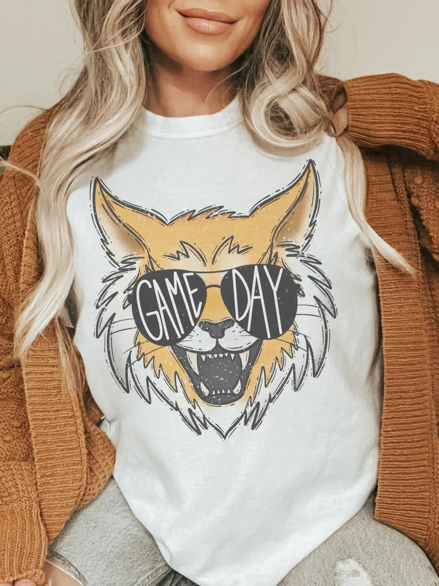 Wildcats Game Day T-Shirt: Mascot with Sunglasses Wildcat Game Day Shirt | Retro Mascot T-Shirt | Unisex School Spirit Tee | Cute Wildcat Cotton Trending