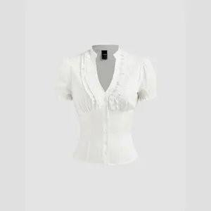 Cider Cotton-blend V-neck Lettuce Trim Short Sleeve Blouse SwimWeek