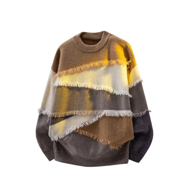 Men's Knit Front Pullover, Retro Asymmetric Striped Knitwear, Loose Oversized Jumper with Frayed Raw Edge for Autumn Winter Streetwear, Fitted, Fringe, Knit Front Men's Pullover, New Year, Round Neck, Knitting