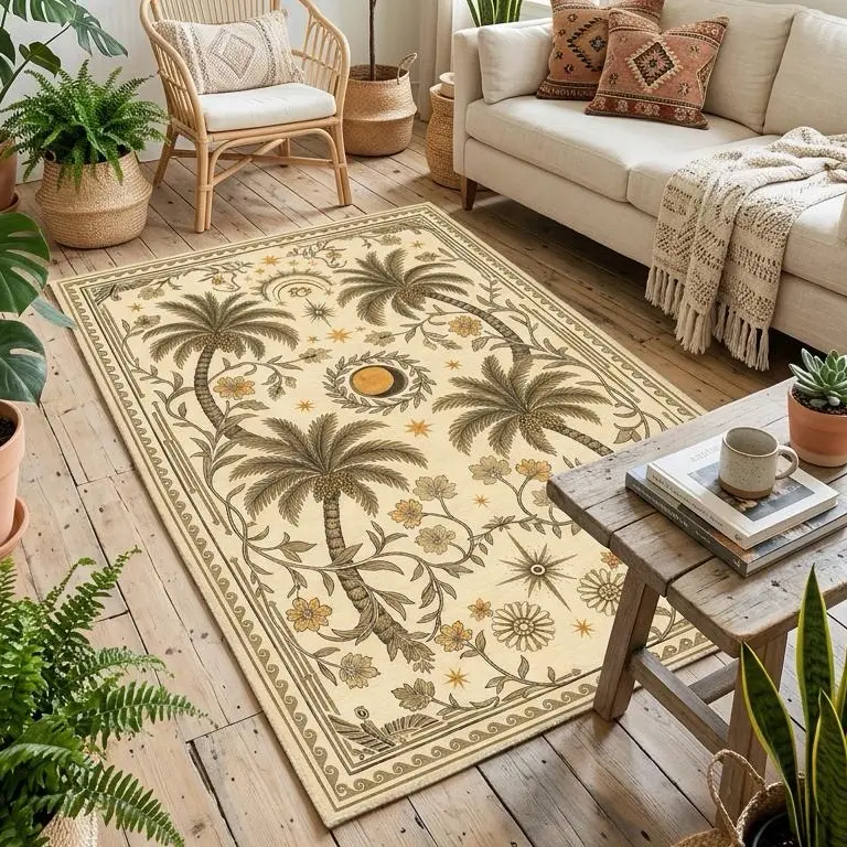 Boho Desert Palm Tree Area Rug – Vintage Botanical Tropical Design with Celestial Sun & Moon Accents | Neutral Beige Bohemian Accent Rug for Living Room, Bedroom & Entryway
