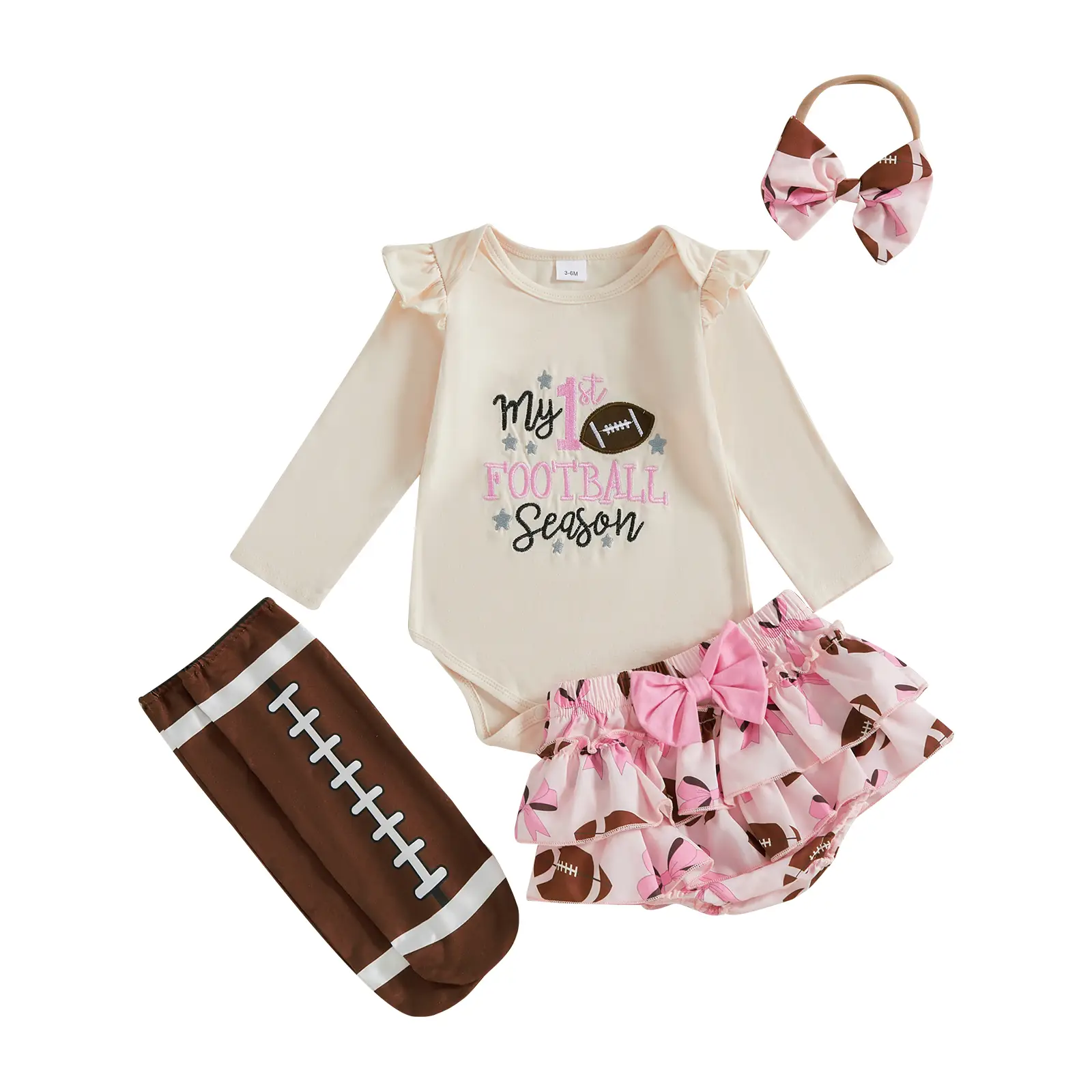 Baby Girls Fall Outfit Long Sleeve Football Letter Embroidery Romper + Shorts + Headband + Socks Set Infant Clothes