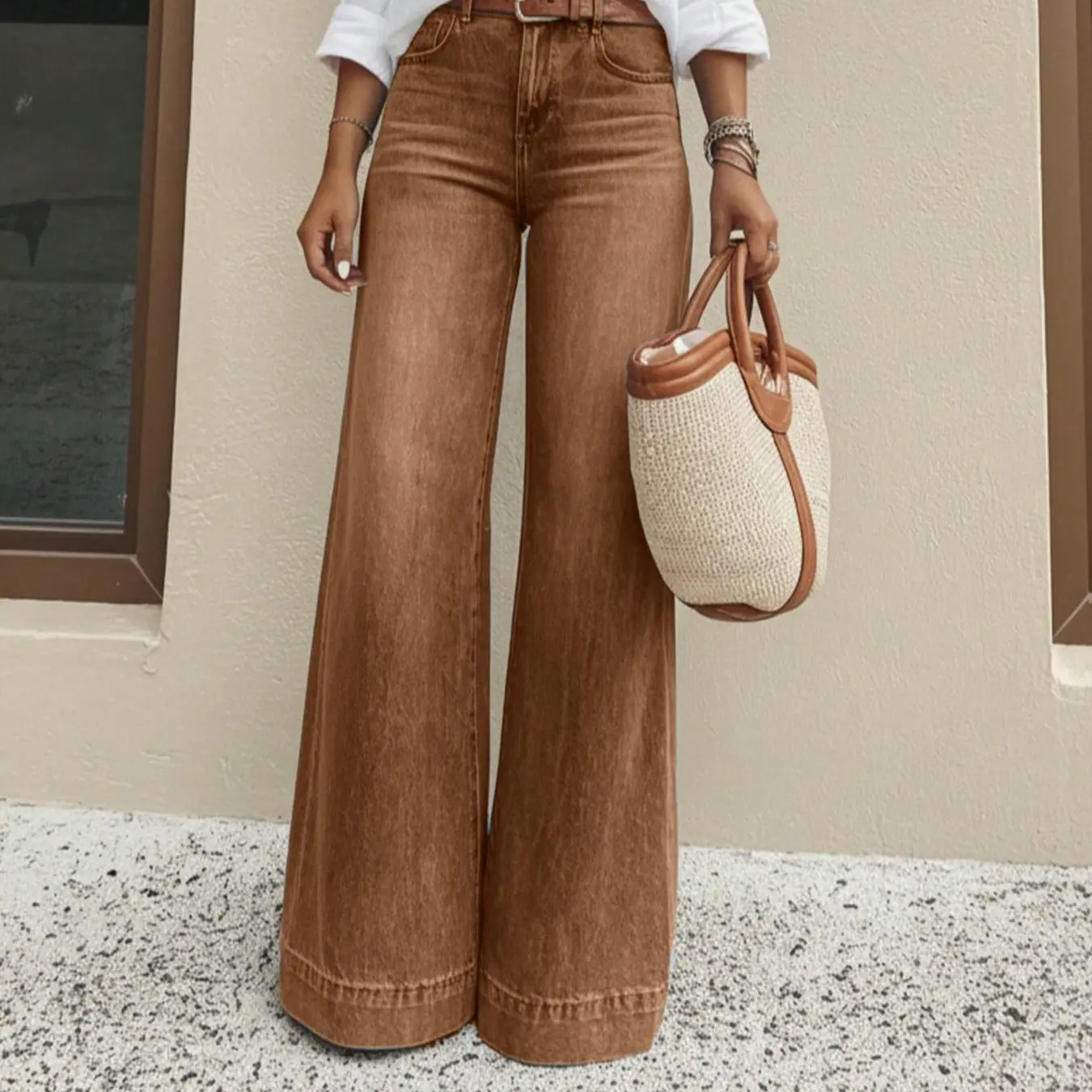 Women's Vintage Faded Black High-Waist Wide-Leg Jean Pants - Denim Fabric, Faded Look, Retro Daily, All Seasons Casual Bottoms