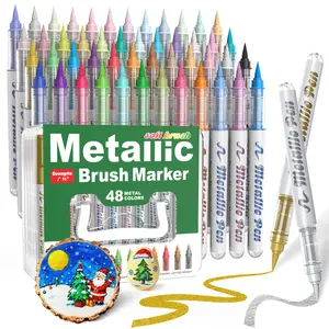 GuangNa 48/36/24/12 Color Metallic Acrylic Paint Markers Brush Tip Pen for Rock Painting Stone Ceramic Glass Wood Fabric Pebbles Scrapbook Journals Photo Albums Card Stocks 48 Color Options