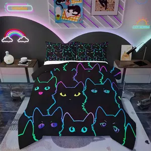 Cute Cat Kids Comforter,Neon Rainbow Line Cat Bedding Set,Cartoon Kawaii Cats Bed Set,Colorful Animals Quilt Set,Reversible Black