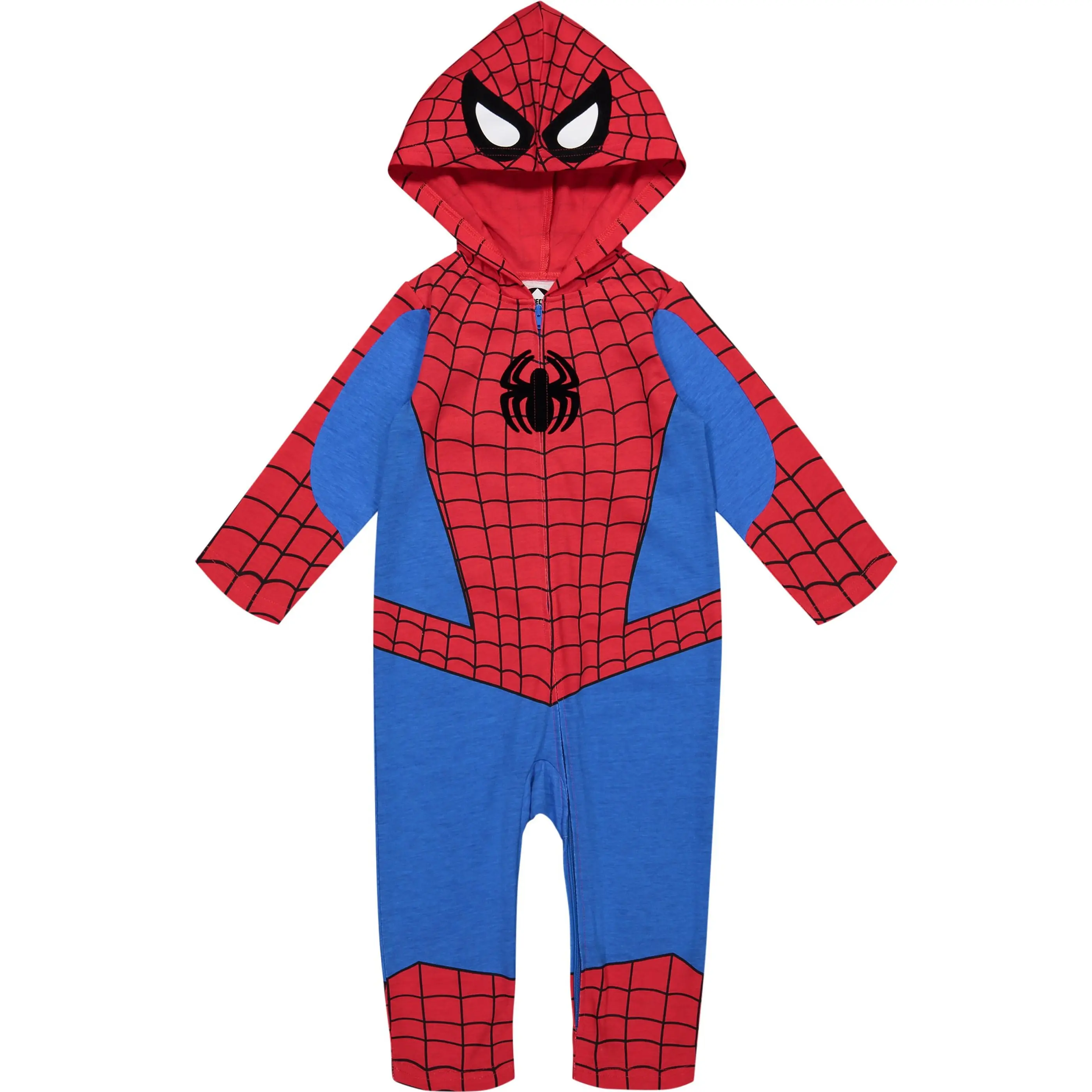 Marvel Spider-Man Baby Cosplay Coveralls, Hooded Zip-Front Jersey Fabric Allover Print, Red Blue, Newborn to Infant