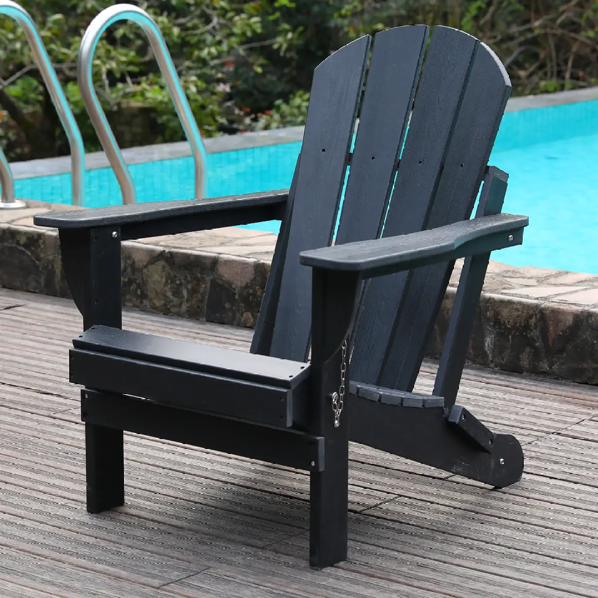 Adirondack Folding Chair with Dual Cup Holders - HDPE All-Weather Outdoor Chairs, Wood-Like Patio Chair for Backyard, Camping, Garden, Pool & Fire Pit, Black