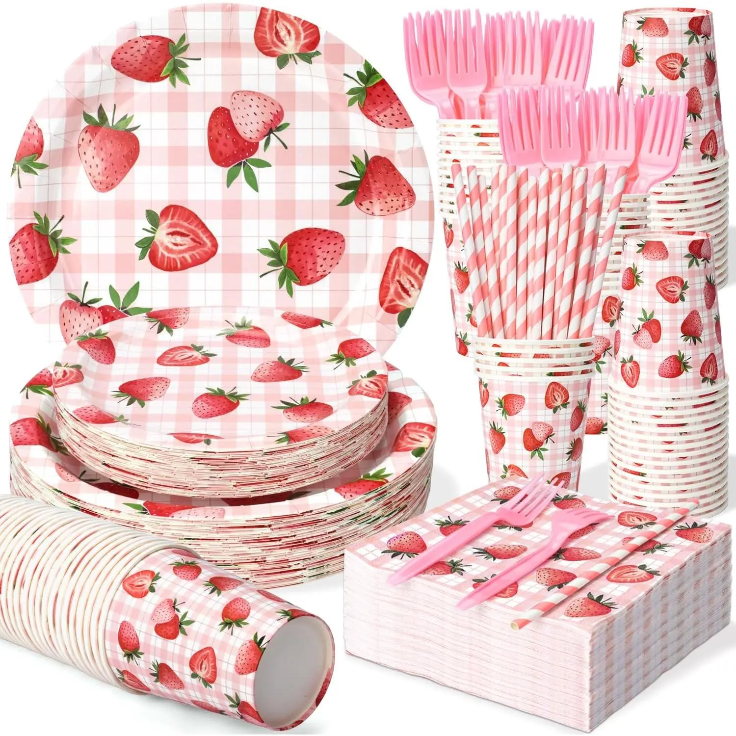 SUNDAY MIRTH Printed Disposable Strawberry Tableware Set (300 Pcs, Serves 50 Guests) - Plates, Napkins, Disposable Cups, Straws, Forks, Birthday Party Supplies, Strawberry Shortcake Decorations