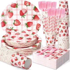 300 Pcs Strawberry Plates and Napkins Tableware Set, Plates Napkins Cups Straws and Forks Sets, Party Birthday Supplies, Strawberry Shortcake Birthday Decorations, Serves 50 Guests