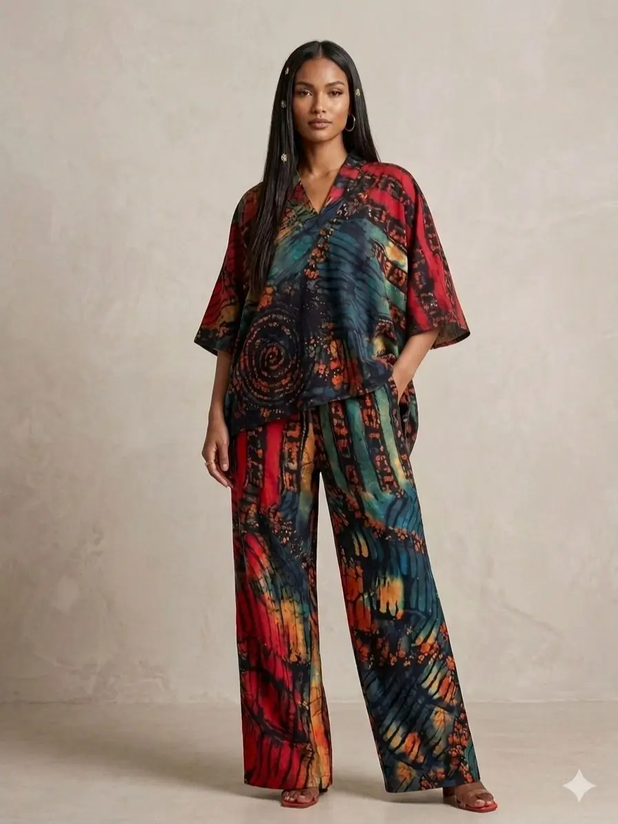 WENRY Women's 2-Piece Abstract Print Wide Leg Pant Set, Womenswear Clothing Set