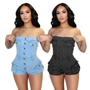 Summer Outfits Summer New Denim Jumpsuit Tube Top Stretch One-Piece Shorts