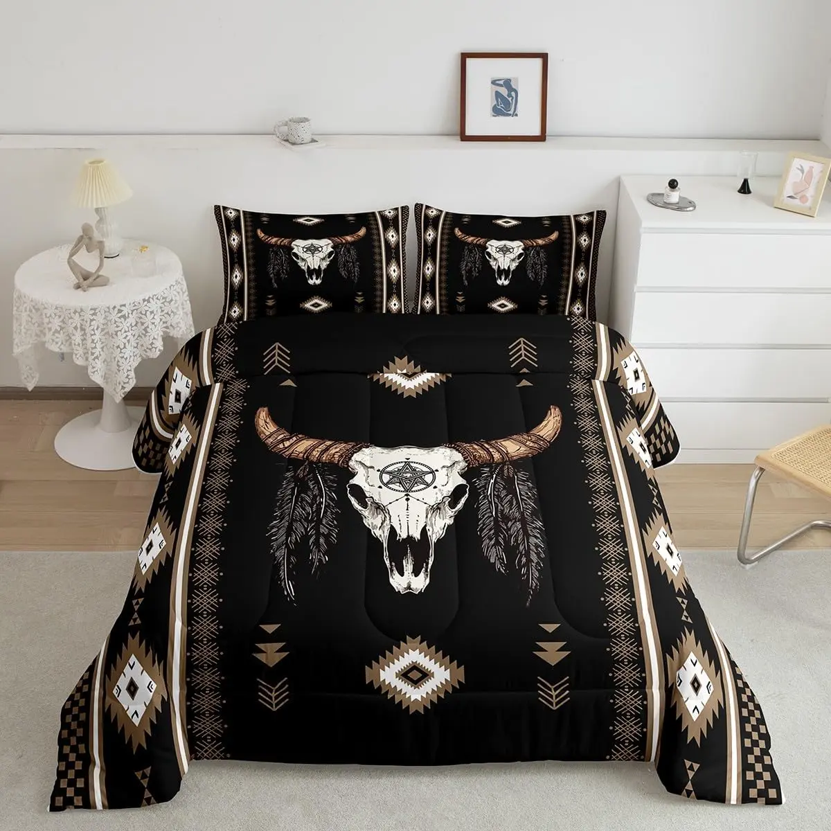 Boys Girls Western Bull Skull Bedding Set ,Southwestern Aztec Comforter Set Kids Boho Tribal Comforter Ethnic Bohemian Rustic Country Teens Duvet Set