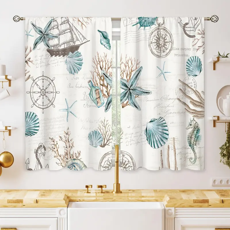 Vintage Nautical Coastal Double-Layer Room Darkening Window Drapes - 27.5x39in Starfish-Seashell-Coral Print Semi-Short Curtains with Floral Ruffle, Machine-Washable Boho Set of 2 for Bathroom Use, Set Of Two