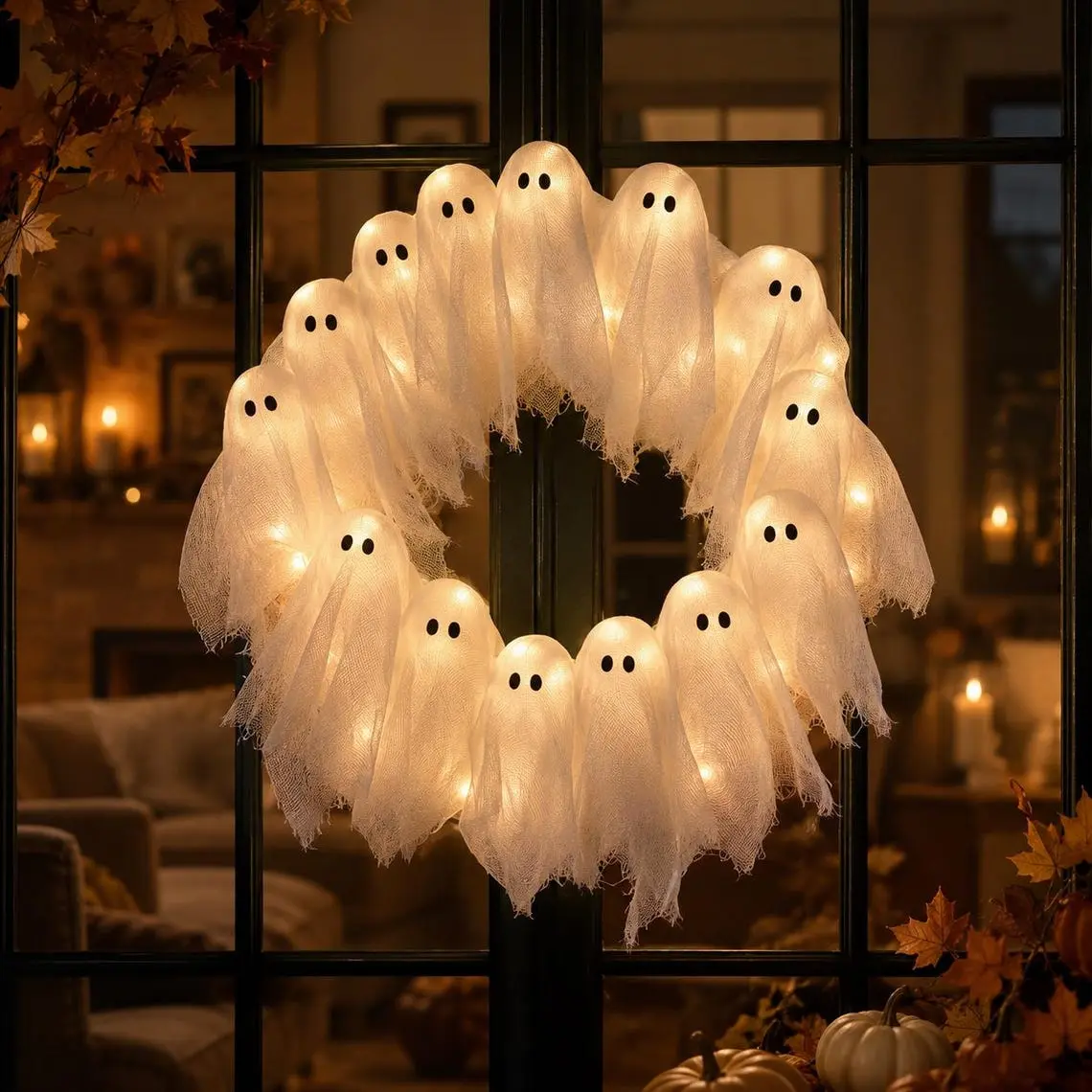 LED Ghost Halloween Wreath, Battery-Powered Fabric Door Decor with Warm Lights