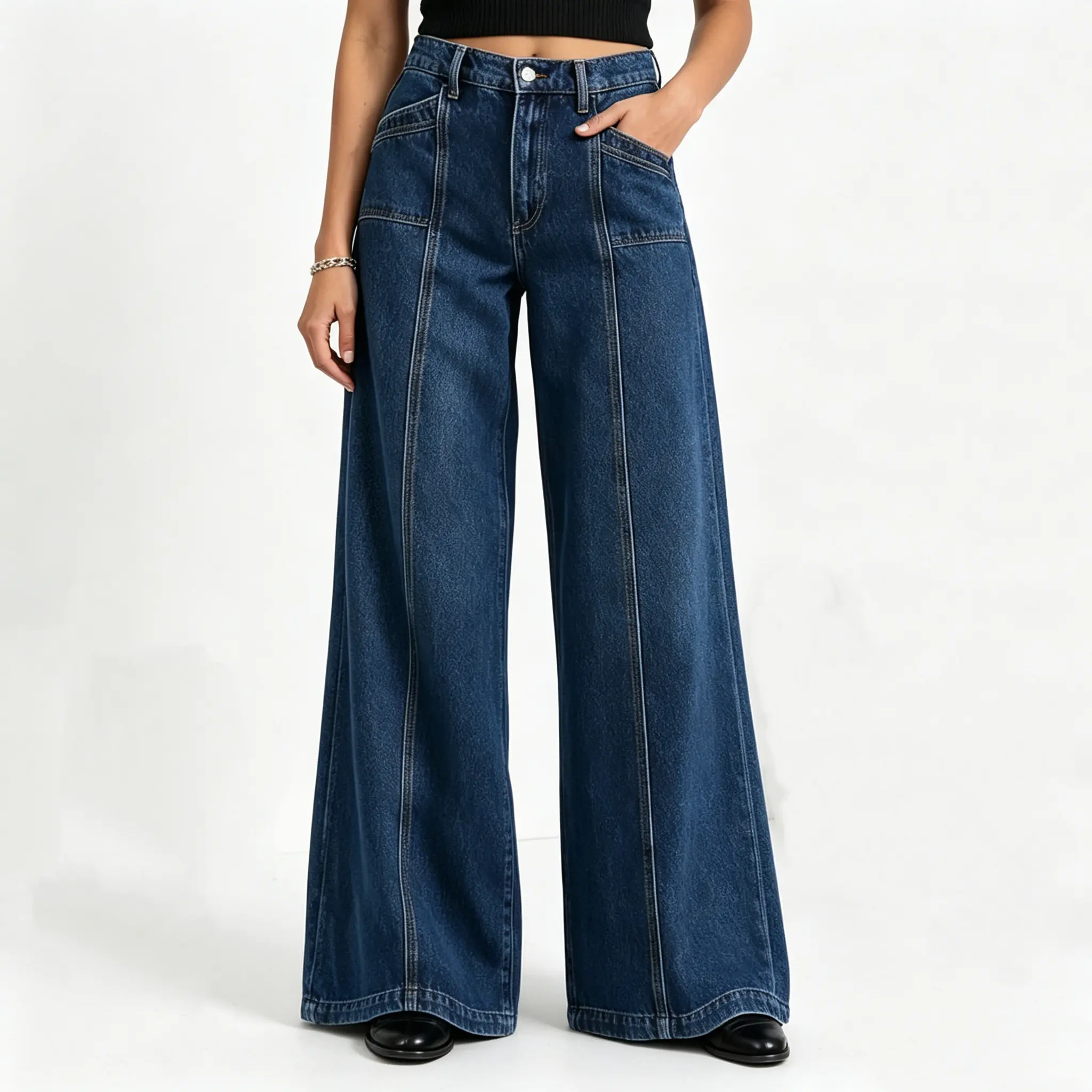 Women 's Wash Wide Leg Jeans Fashion Solid Color Vintage Denim Trousers Womenswear Dark Denim Wide Leg wide leg casual jean