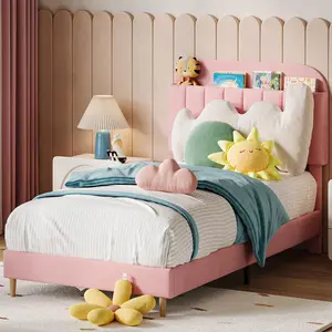Velvet Bed Frame with Bookcase Headboard, Heavy Duty Steel Support, Kids Upholstered Bed