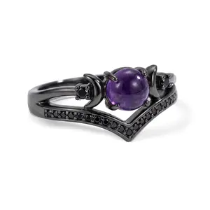 ixluck Natural Garnet /Amethyst Triple Moon Godness Black Ring Wicca healing Jewelry Ethereal Glow Calm Emotions  Non Tarnish Rings