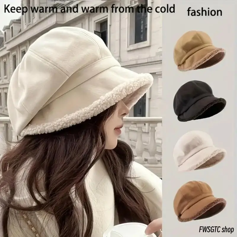 Women's Plain Plush Bucket Beanie, fleece-lined with ear protection. Crafted from non-stretch linen fabric with a cute knit heart design. Unisex western newsboy style, perfect for cold outdoor days and streetwear styling.