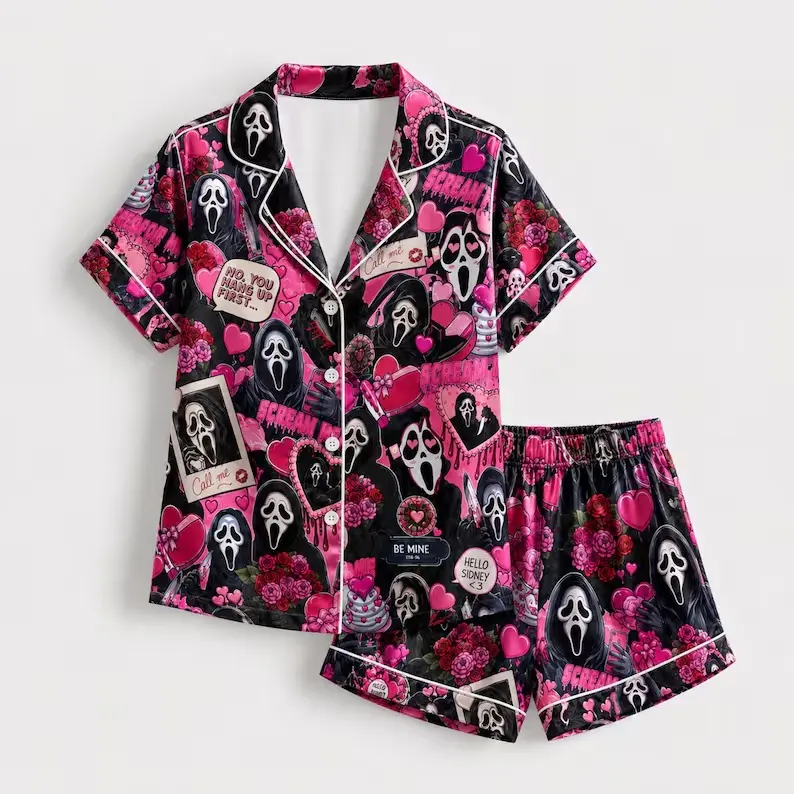 Women's Halloween Pajama Set Combo Ghost Face Rose Heart Print Pink Black Satin Short Sleeve Sleepwear and Long Sleeve Pants Loose Comfy Horror Valentine Nightwear Fall Gift