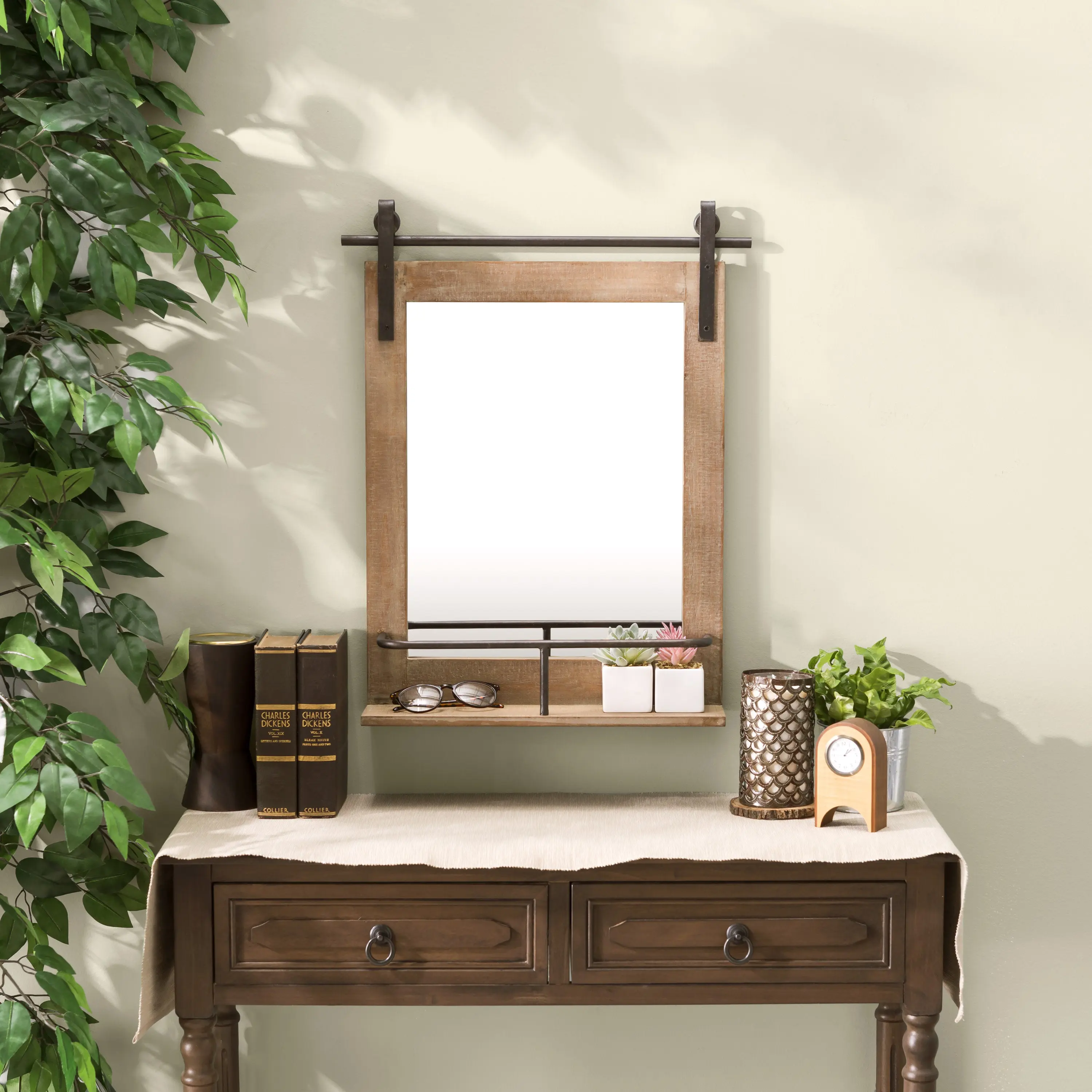 Rustic Industrial Wood-Framed Wall Mount Barn Door Vanity Mirror with Shelf and Iron Hardware