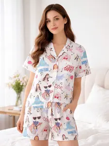 Women’s Vintage Music Print Pajama Set – Long & Short Sleeve Cute Aesthetic Sleepwear