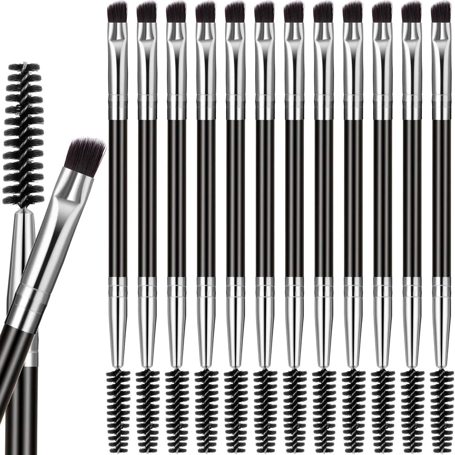 12 Pack Multifunctional Makeup Brush Combo, Dual-Ended Eyebrow Brushes with Spoolie & Angled Tip for Gels and Creams, Silver Makeup Tool, Cosmetic Makeup Tool