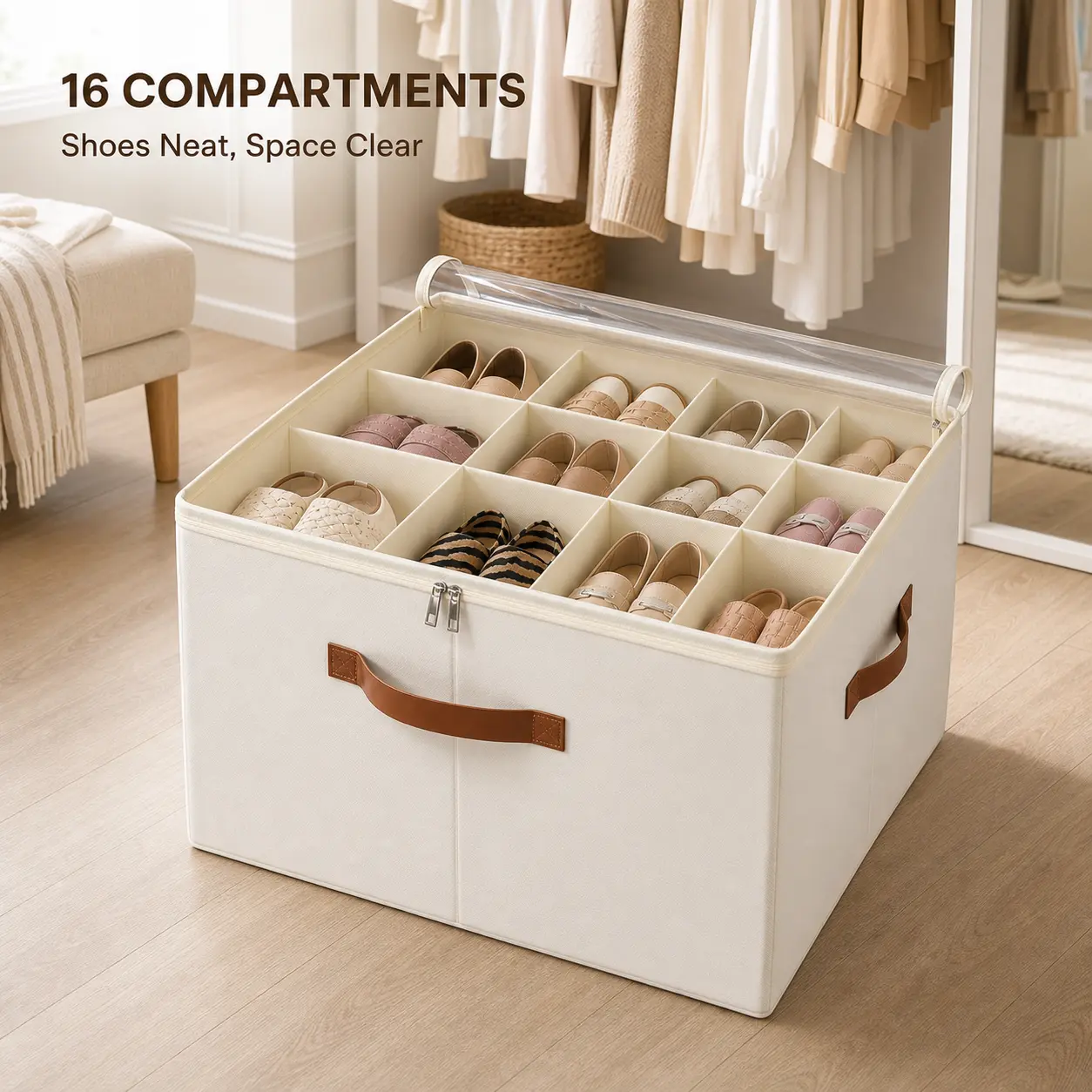 Foldable Shoe Storage Box for Closet, 16 Adjustable Compartments with Clear Zippered Dustproof Cover, Reinforced Side Panels and 3 Carry Handles, Large Fabric Shoe Organizer for Sneakers, Loafers, Flats, Sandals, Bedroom, Entryway and Dorm Room