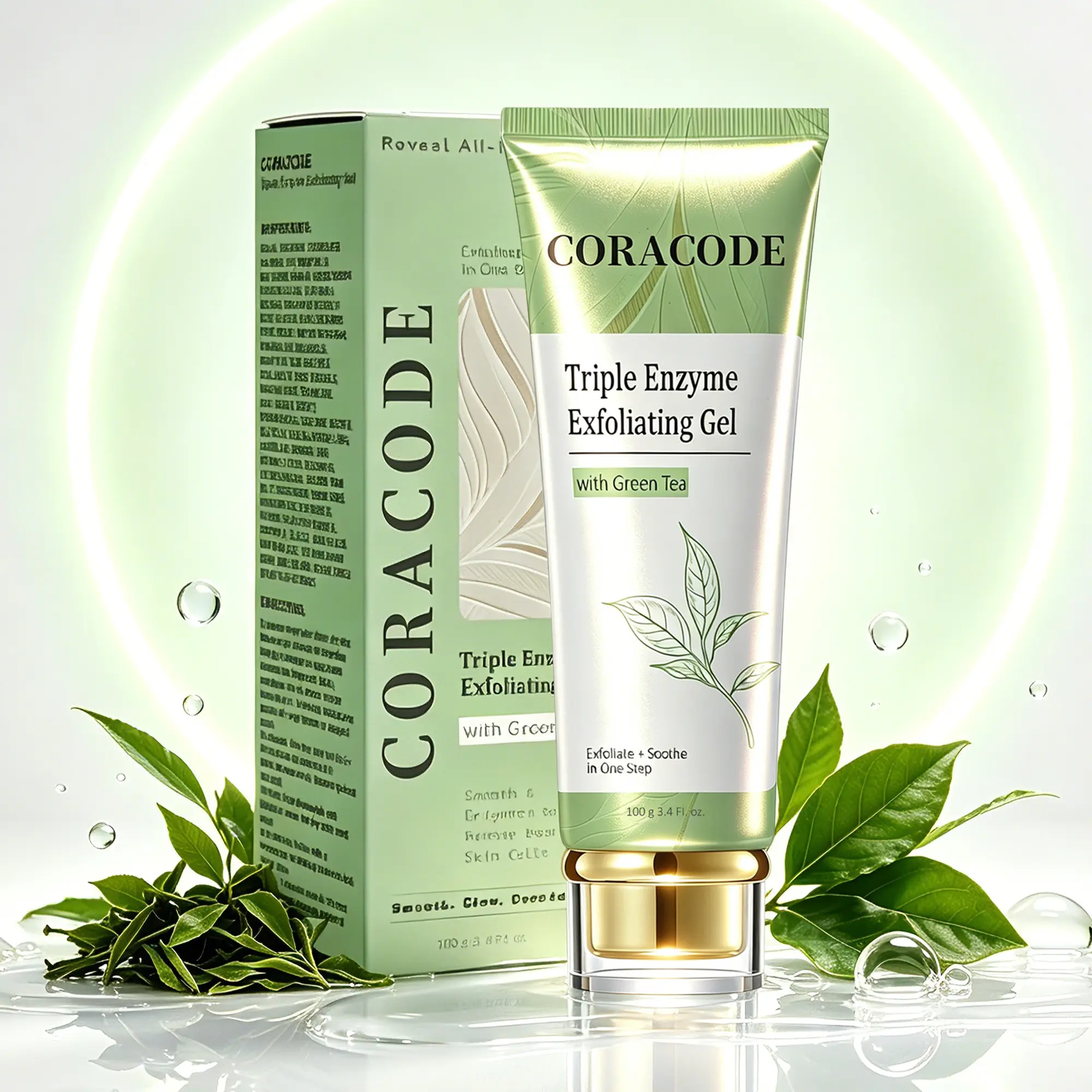 CORACODE Triple Enzyme Exfoliating Aqua Peel Gel with Green Tea Extract , Gentle Face Exfoliator & Blackhead Remover, Deep Pore Dead Skin Remover with Natural Cellulose for Sensitive Skin, Smooth & Radiant Skin, 100ml