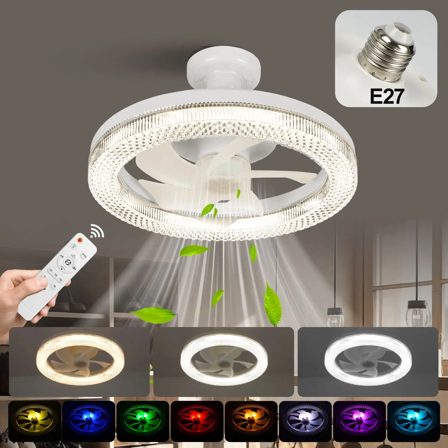 13.7 Inch Fan Light Socket, Easy Install Ceiling Fan E27 Base, Ceiling Fans Lights, Ceiling Fanlights, Remote Control, 3 Speed Settings, RGB Adjustable Smart LED Lamp, Adjustable RGB Lighting, Indoor Lighting, Roof Ceiling Lights, Lighting Fixture