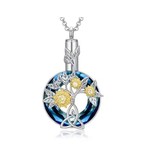 Blue Sunflower Tree Opal Urn Necklace For Ashes, Memorial, Keepsake