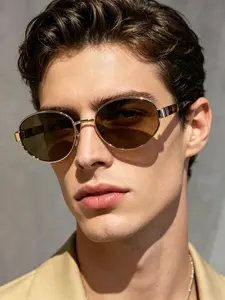 Unisex Retro Oval Sunglasses - 1 Pair, Gold Metal Frame with Turtle-Shell Temple Arms, Brown UV 400 Lenses, Early 21st Century Style, Suitable for Daily Use & Travel, Ideal Summer/Birthday Gift, Womens Sunglasses