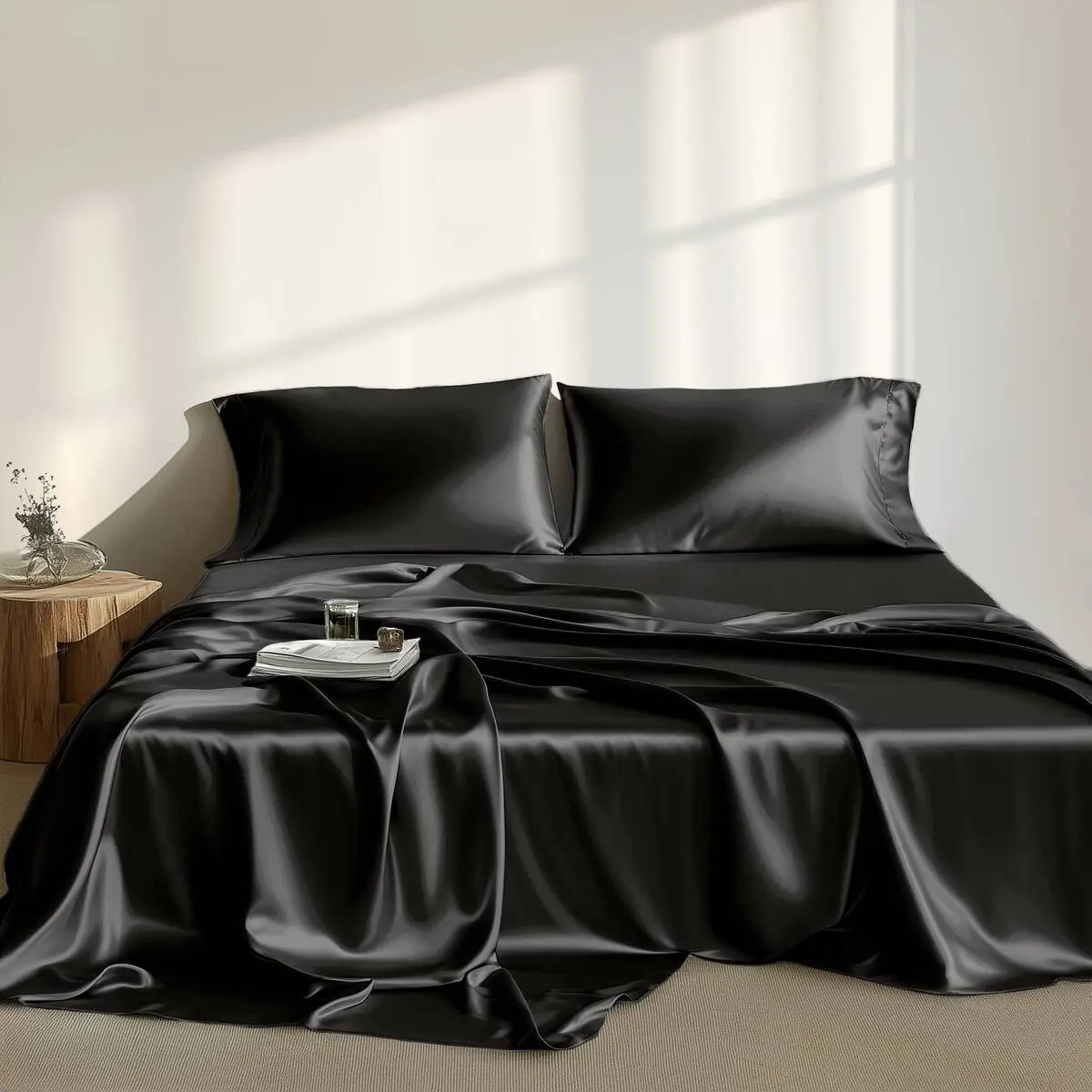 MAIN STREET 6PC Luxury Sheet Set Silk Elegant Design High-Quality Fabric Perfect for Special Occasions Satin Sheets Set Solid Color Classic Waffle Weave Comforter & Shams Set