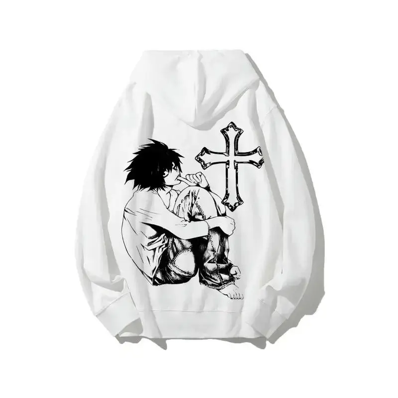 Death Note L Lawliet White Hoodie Anime Core Gothic Cross Manga Graphic Y2K Alt Emo Grunge Streetwear Boxy Fit Pullover Drop Shoulder Unisex Top