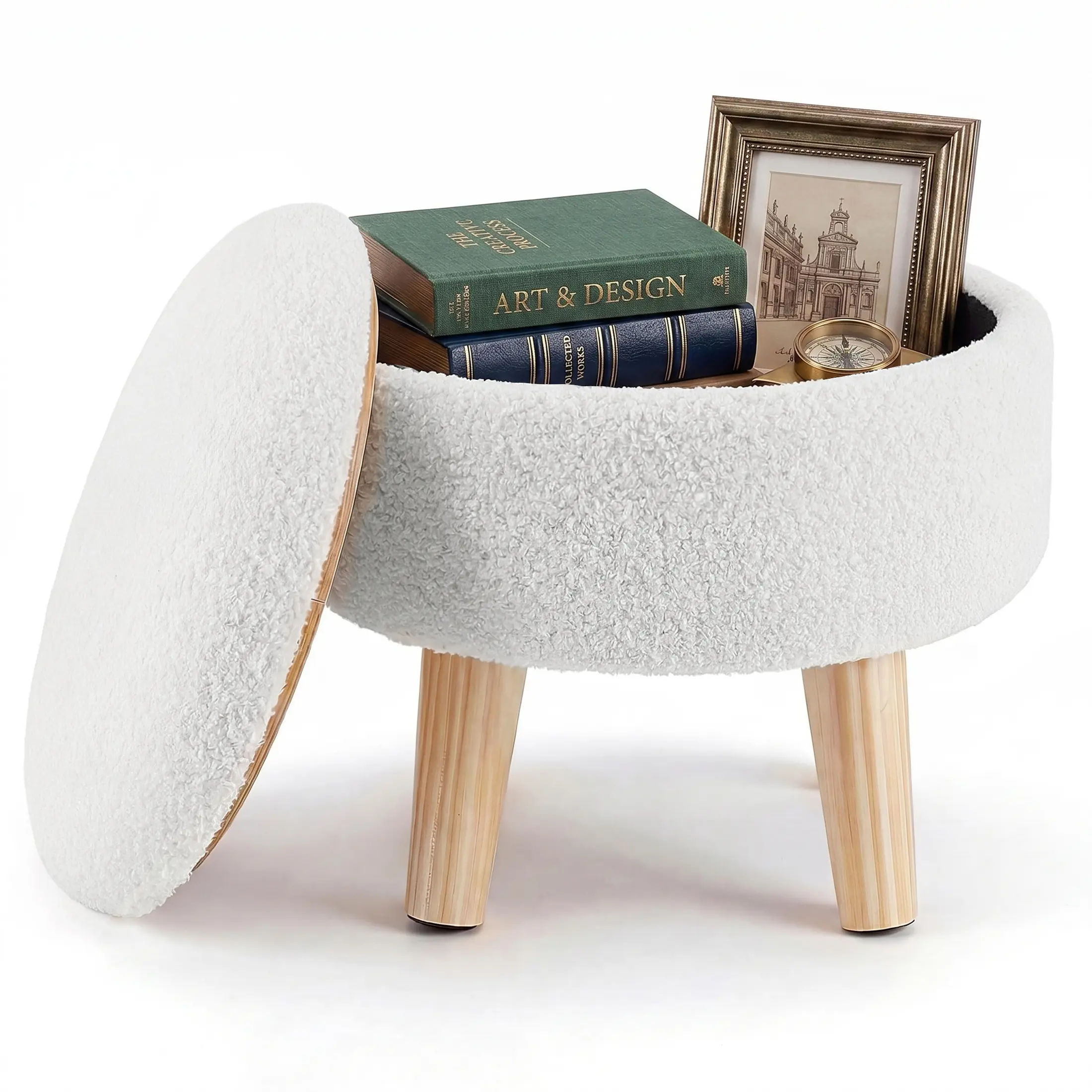 Storage Ottoman - Modern Round Teddy Velvet Footrest with Soft Padded Seat, Wood Legs, Accent Small Table & Plant Stand for Hallway, Living Room