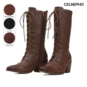 CELNEPHO Women Cowboy Boots Pointed Toe Chunky Block Heel Granny Boot Mid Calf Boot Easy Pull on Lace up Motorcycle Combat Booties Side Zipper Closure Casual Work Country Wedding Dress Shoes