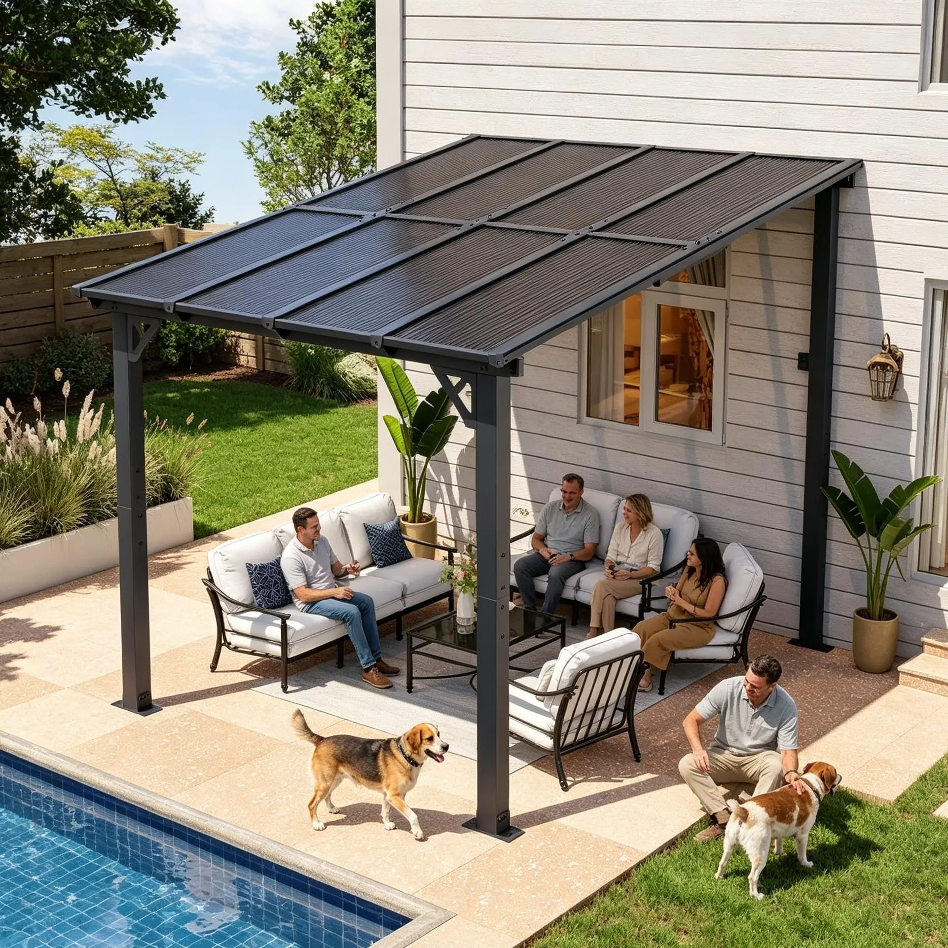Aoxun 8'x10' Rectangular Metal Wall Gazebo - Heavy-Duty Steel Canopy with Awning Roof, Outdoor Patio Deck Sunshade Structure, Black, Assembly Required, Gazebo Outdoor Patio, Sun Shades