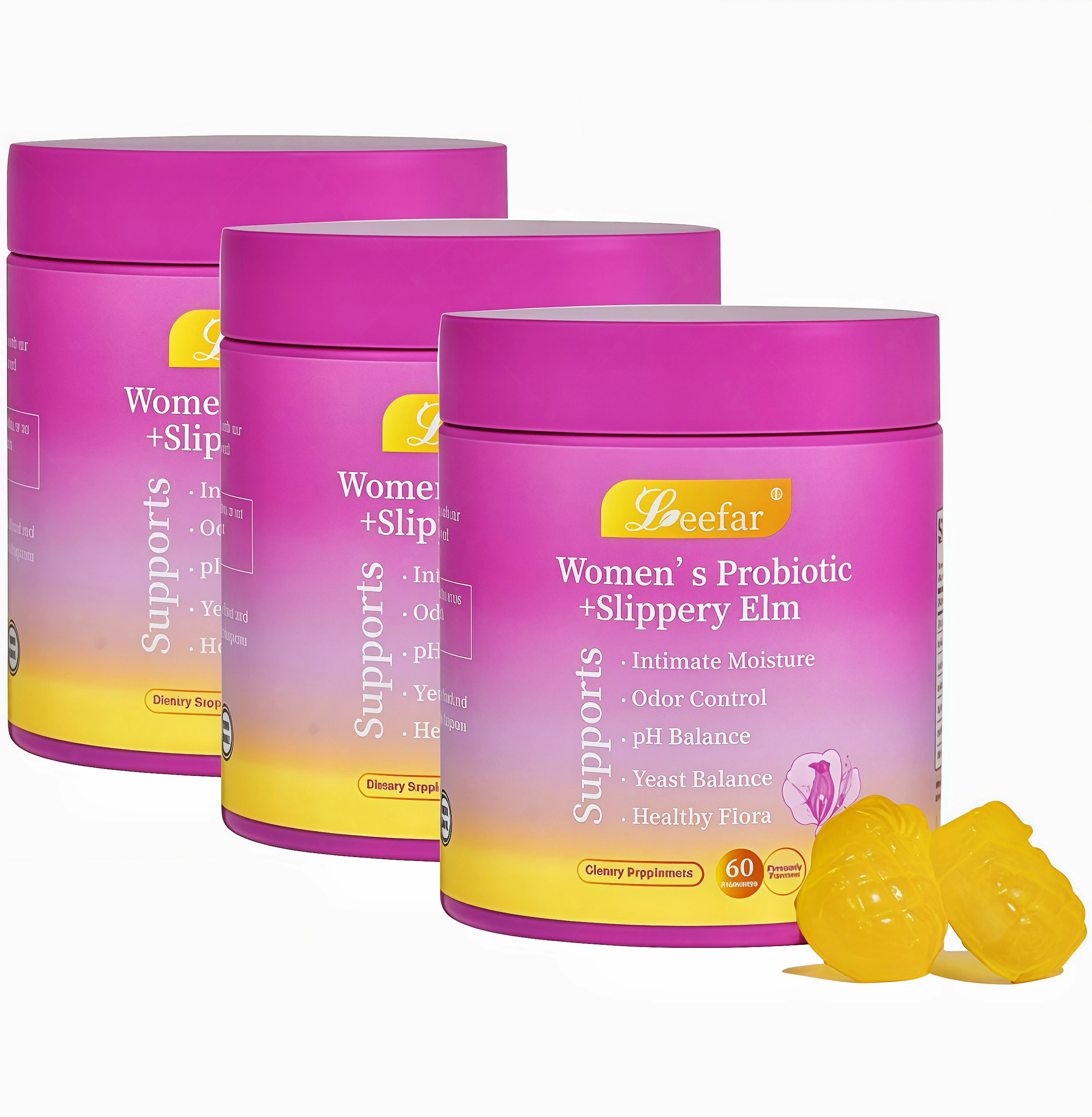 3 Piece LEEFAR Her Probiotics Gummies DF - All in One Solution with Slippery Elm and Prebiotics & Lactobacillus Probiotic Blend for Women's pH Balance and Dryness Hawaiian Pineapple Gummies Dietary Supplement