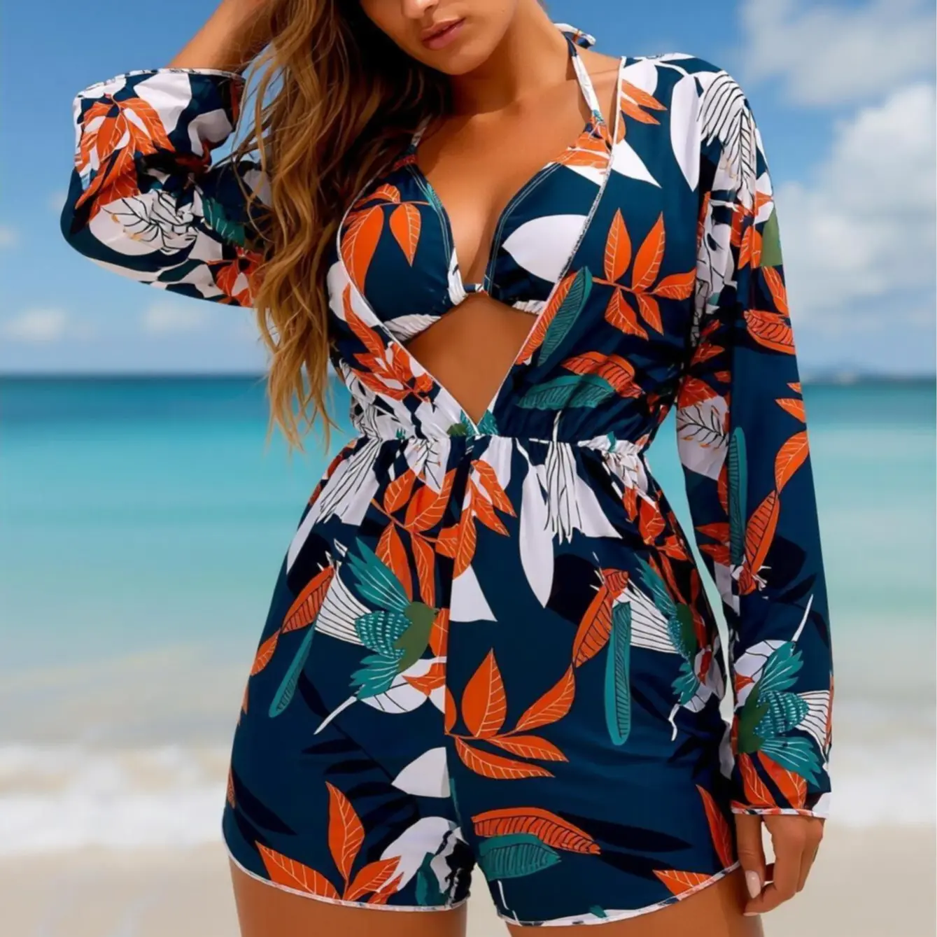Women's Swimwear, Bohemian Leaf Print 2 Piece Sets with Spaghetti Straps and Matching Long Sleeve Top, Swimsuits 2026 Women with Extra Coverage, Hot-Selling Bohemian Style, Long Sleeves, Uv Protection, Boho Vibe, Bikini, Cover-Up, Quick Dry