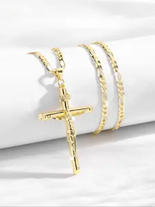 Men's Punk Style Jesus Crucifix Pendant Necklace, Cross Chain Design, Brass Plated Chain, 24 Inch Flat Link, Christian Jewelry Gift