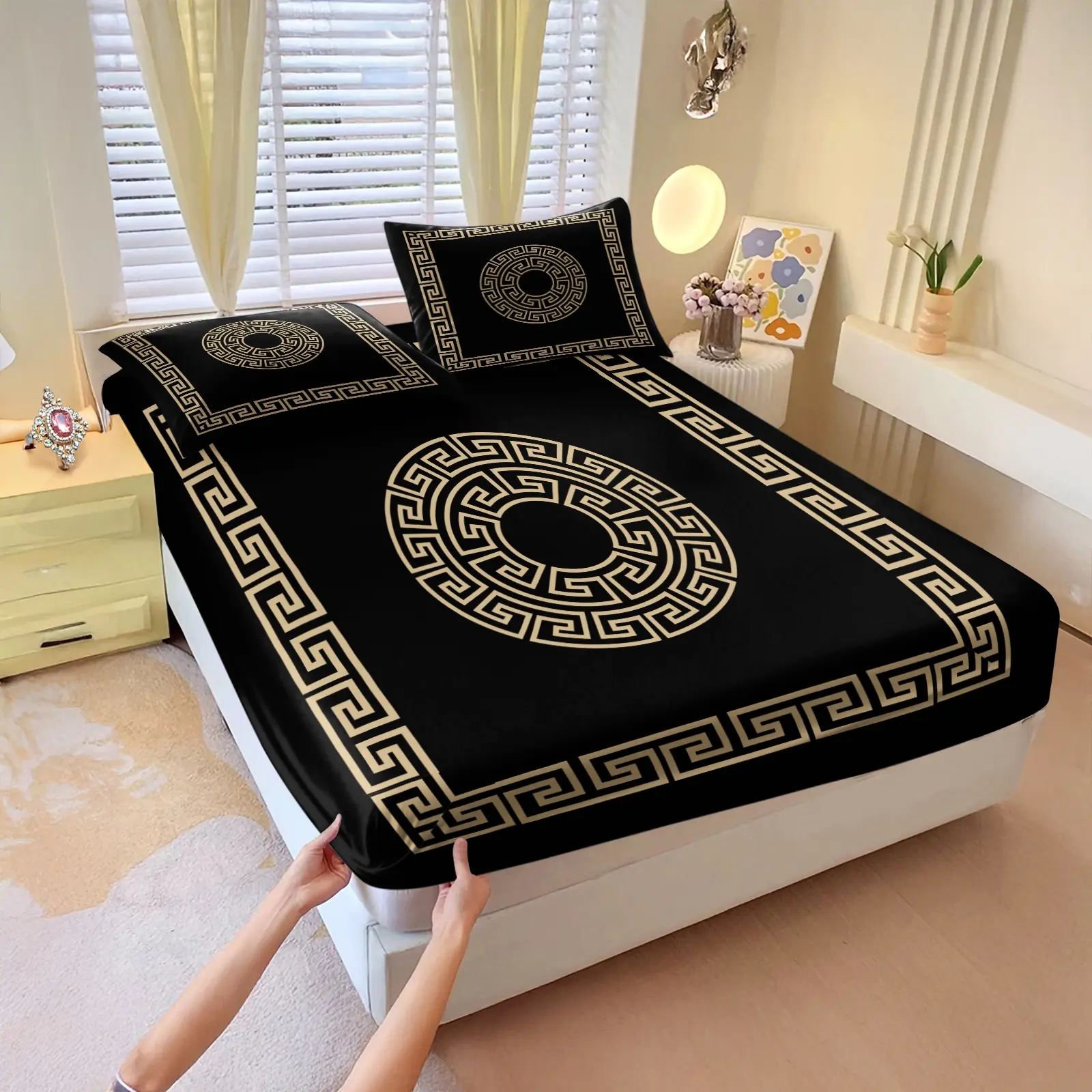 Classic Geometric Print Bed Sets (3 Pieces) Includes Fitted Sheet & Two Unfilled Pillowcases, Black Background Features Gold Pattern, Creating Luxurious Bedroom Décor, Bed Sets Supplies, Bedsheet, Bed Linens