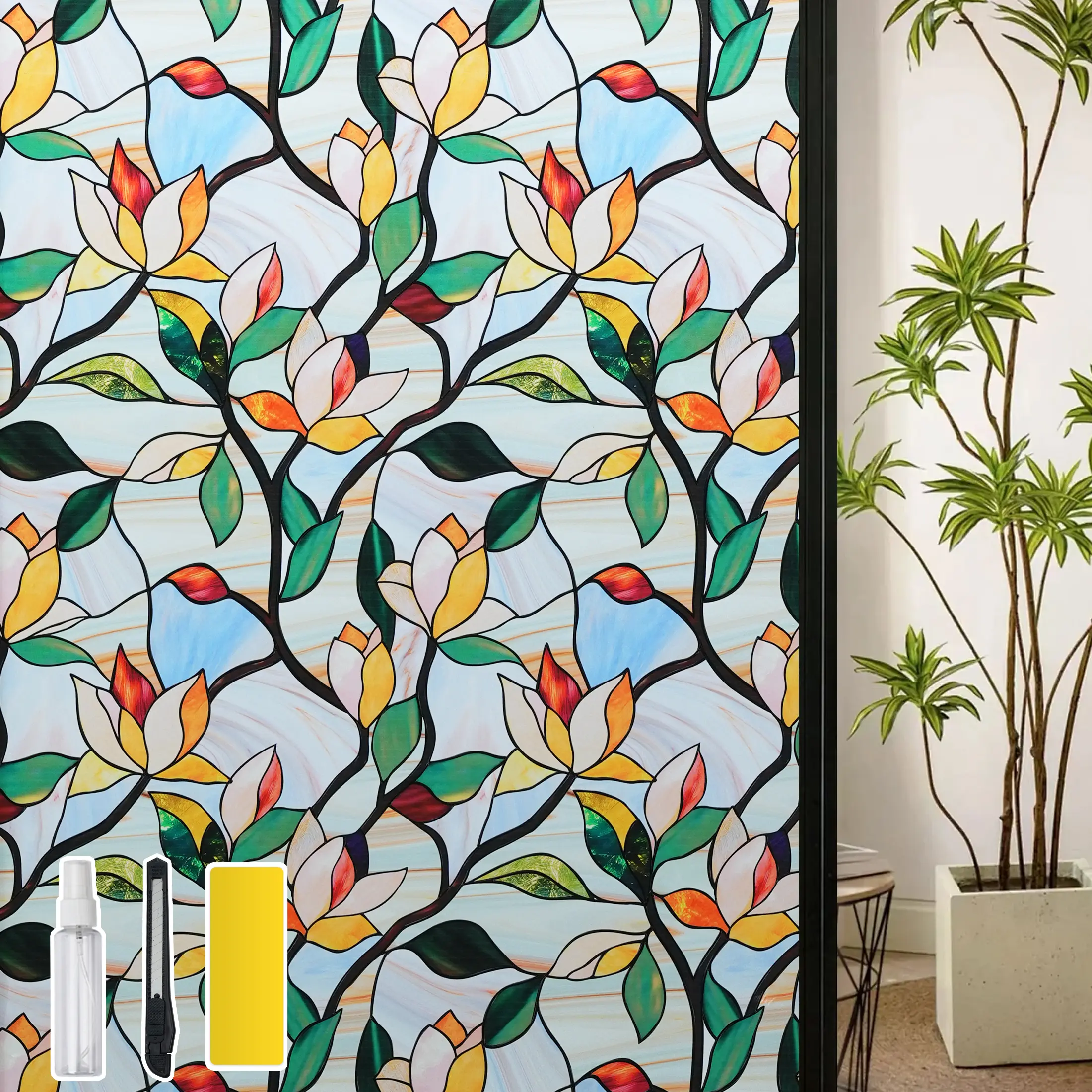 DKTIE 17.7" x 78.7" Vibrant Floral Decorative Window Film – Privacy Protection, UV Blocking, Static Cling, Easy Install with Tools Included