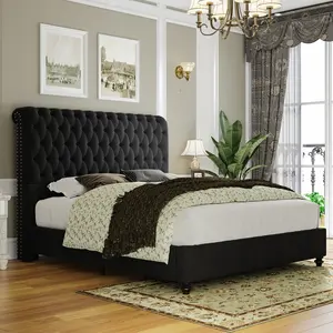 VanAcc 52.8" High Upholstered Bed Frame Platform Sleigh Bed with Deep Button Tufted Headboard/Easy Assembly